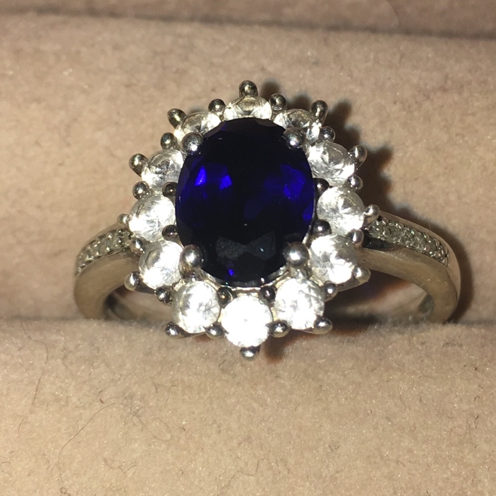 Sterling silver sapphire CZ cocktail ring sz 9.25